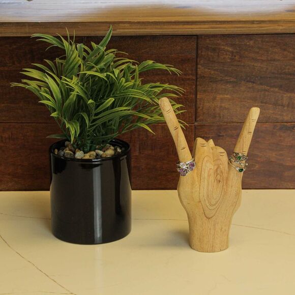 Carved Wooden Rock On Devil Horns Hand Gesture Statue Natural Finish Home Decor - Picture 5 of 7